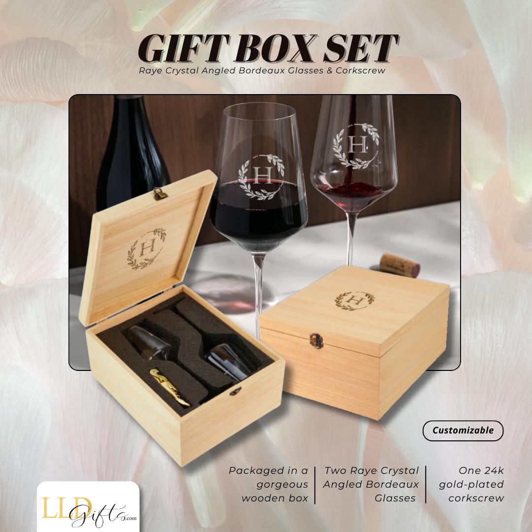 Premium Barware Collection Personalized Crystal Stemware Set Custom Engraved Wooden Box Package Wedding Anniversary Gift Gold Plated Corkscrew Special Occasion Present Luxury Wine Set Premium Quality Construction Elegant Design Collection