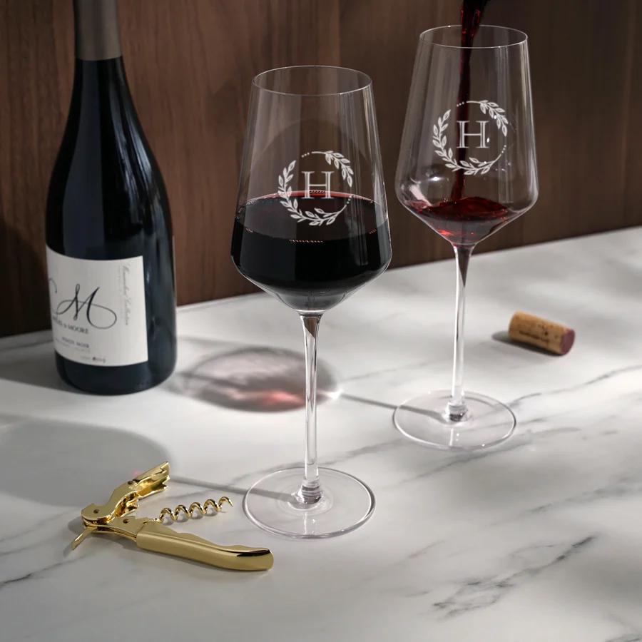 Wedding Gift Collection Premium Crystal Stemware Set Personalized Wine Glasses Custom Engraved Box Package Gold Plated Corkscrew Special Occasion Present Luxury Barware Set Premium Quality Construction Elegant Design Collection