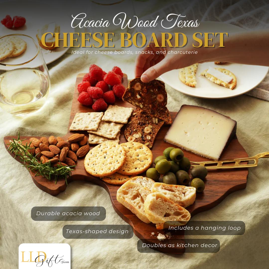 Texas Wood Collection Premium Serving Board Natural Acacia Construction State Shaped Design Wall Hanging Display Custom Engraved Surface Large Food Presentation Platter Perfect Host Gift Beautiful Kitchen Accent Wedding Present Entertaining