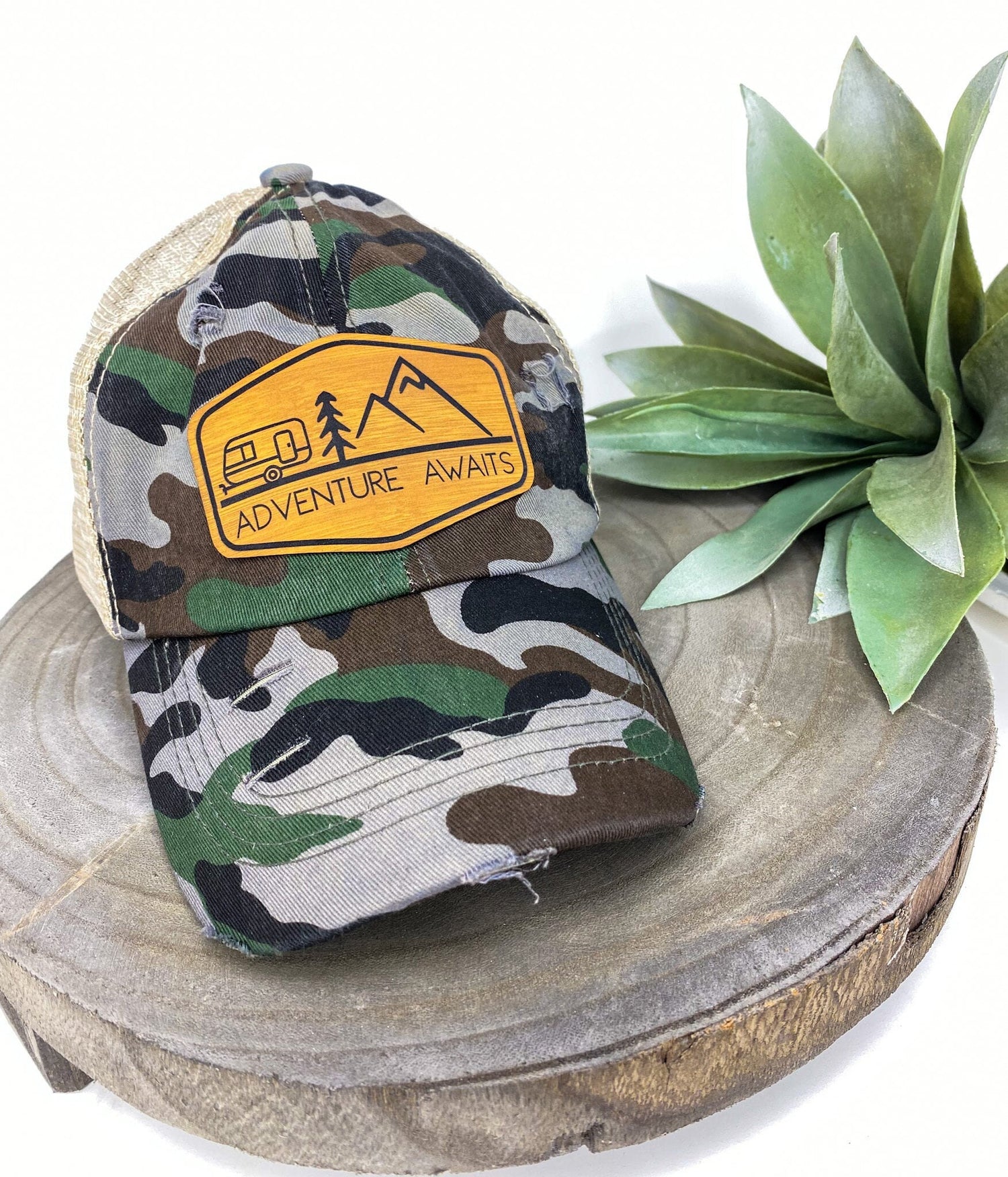 Womens Ponytail Hat Gray Camo Trucker Cap with Leather Patch Adjustable Messy Bun Hat for Camping Hiking Gift