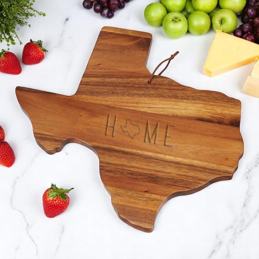 Texas Shaped Wood Board Wall Hanging Display Custom Engraved Serving Platter Acacia Wood Construction Premium Kitchen Accent Large Food Presentation Surface Natural Finish Entertaining Set Perfect Host Gift Wedding Present Housewarming