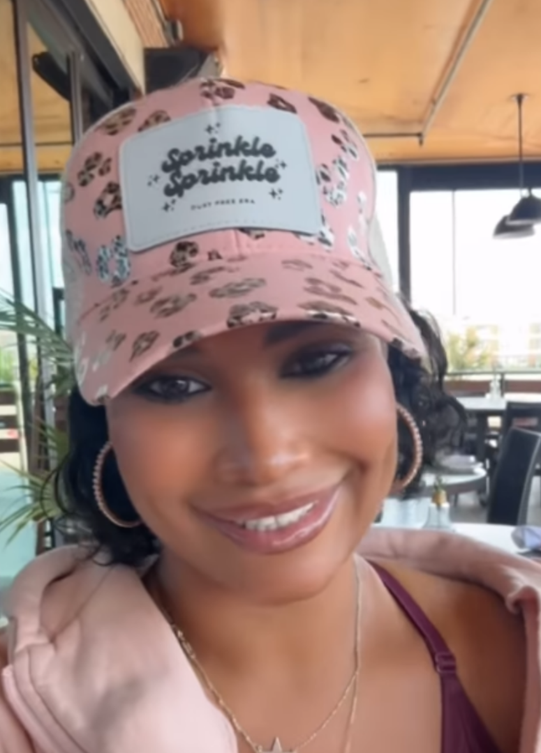 Sprinkle Sprinkle Ponytail Hat – Blush Leopard with White Leather Patch Engraved Logo – Adjustable Trucker Cap