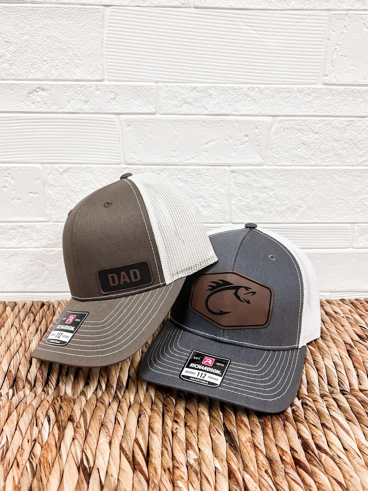 Custom Richardson Trucker Hat and Tumbler Gift Set with Engraved Leather Patch