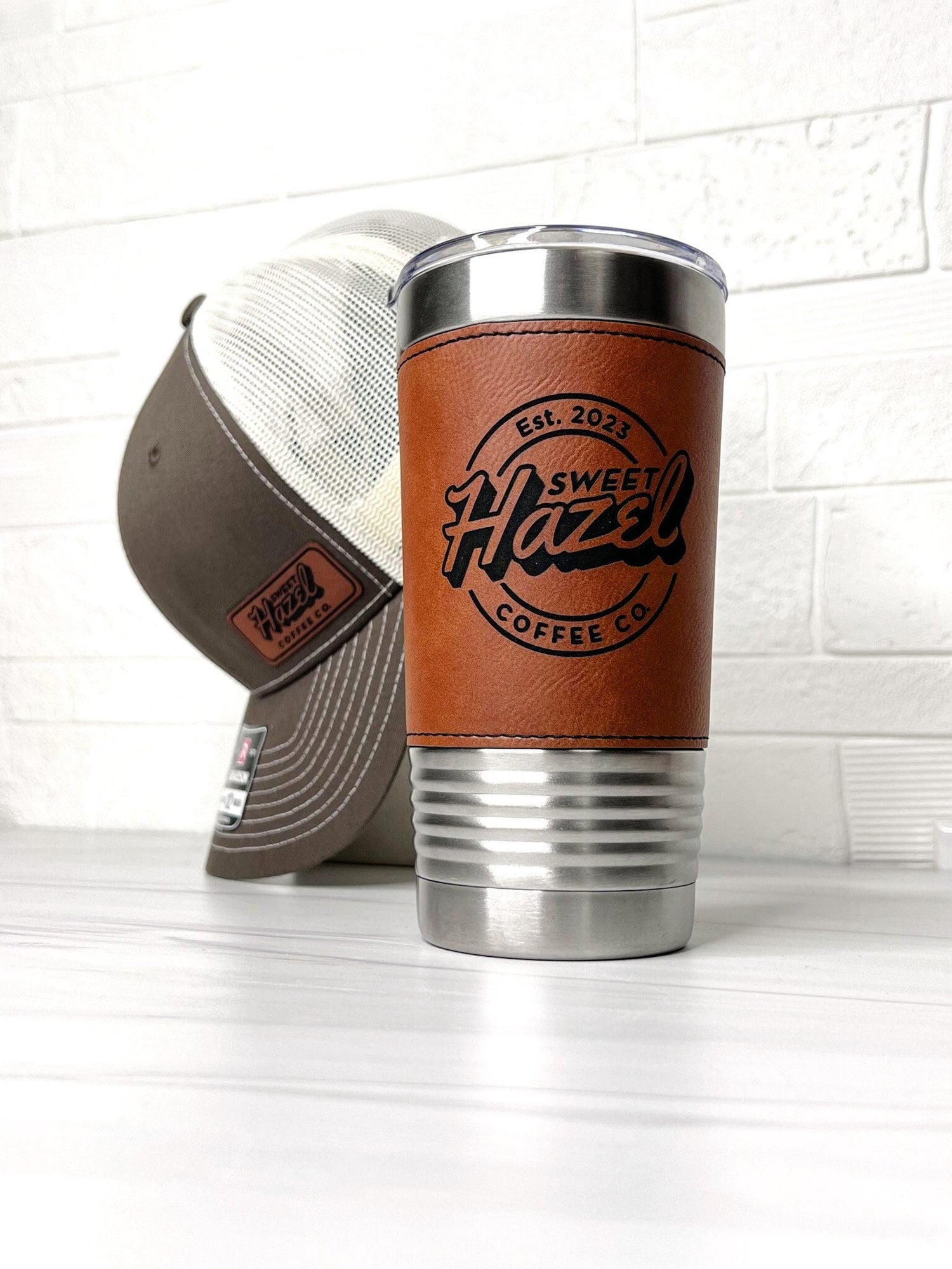 Custom Richardson Trucker Hat and Tumbler Gift Set with Engraved Leather Patch