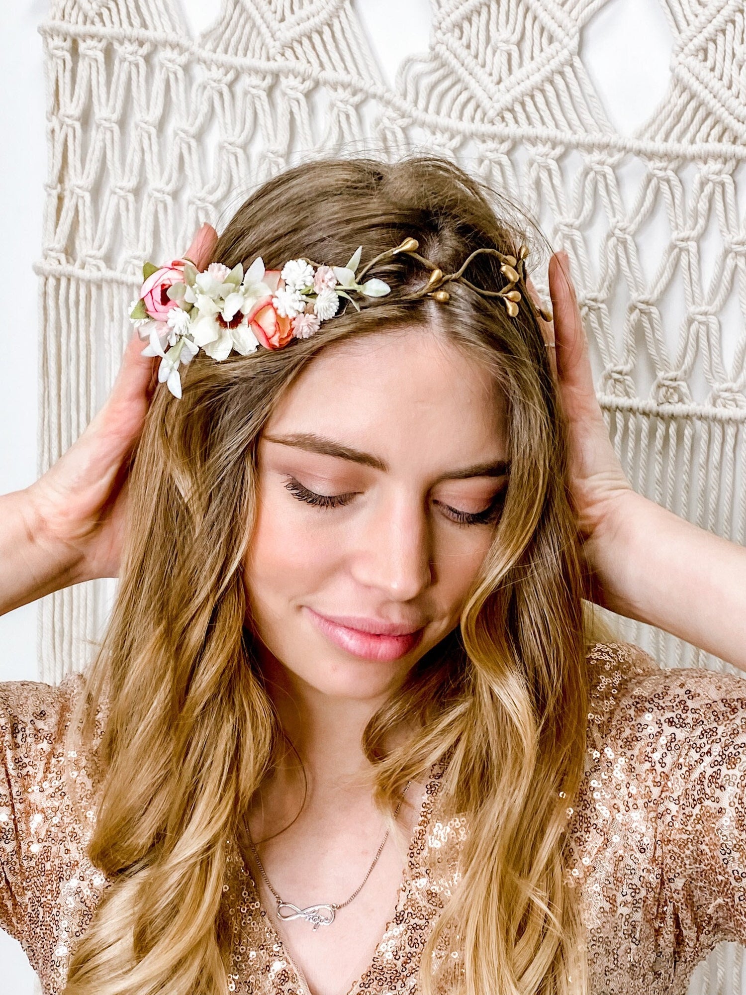Wedding Halo Flower Crown Gift for Her Birthday Gift Boho Tiara Rustic Bridesmaid Fairycore Hair Accessories Woodland Wreath