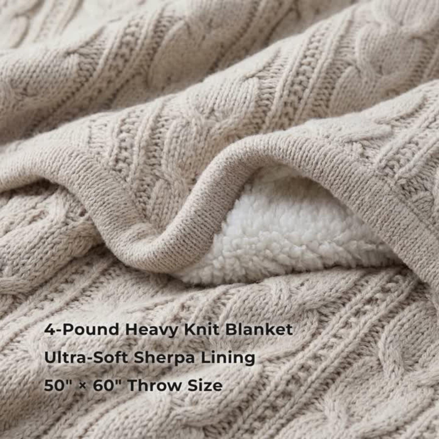 A close-up image of a cozy, beige knitted blanket with a text overlay describing the blanket as a 4-pound heavy knit blanket with ultra-soft sherpa lining and a 50" x 60" throw size.