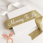 Personalized mommy to be sash in rose gold glitter for baby shower gift or gender reveal party decoration, custom maternity sash for mom to be