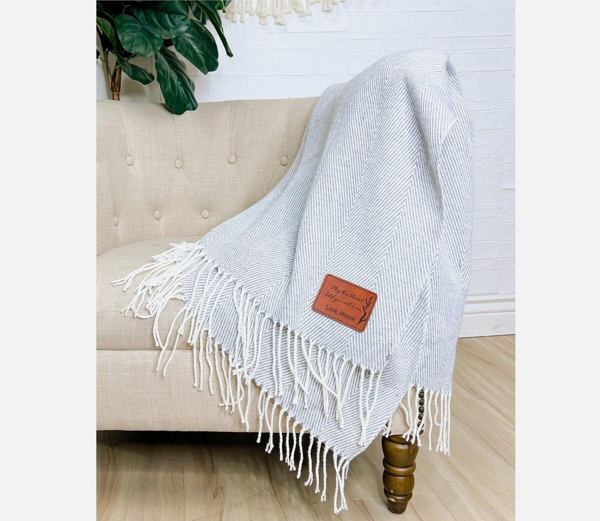 Farmhouse Monogram Throw - Personalized Blanket with Name - Personalized Gift - Corporate Gift - Soft Herringbone Stripe Blanket with Tassel