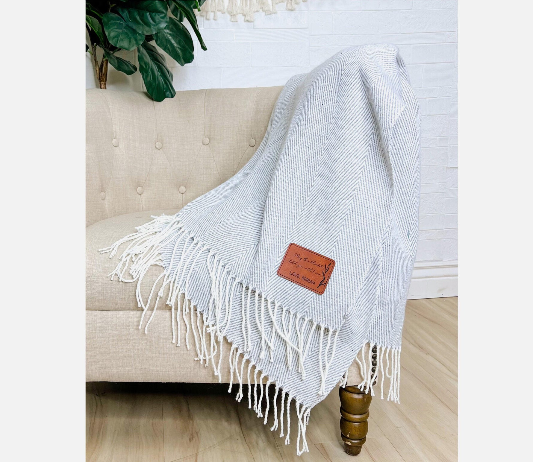 Farmhouse Monogram Throw - Personalized Blanket with Name - Personalized Gift - Corporate Gift - Soft Herringbone Stripe Blanket with Tassel