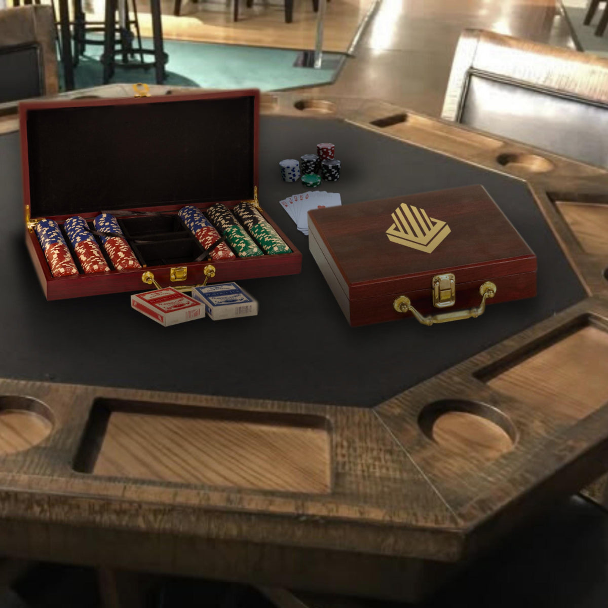 Custom Poker Set Corporate Event Gift Premium Playing Cards Chip Collection Leather Case Bundle Professional Game Set Custom Logo Design Executive Gift Option Deluxe Wood Case Business Present Perfect Group Gaming Entertainment Complete