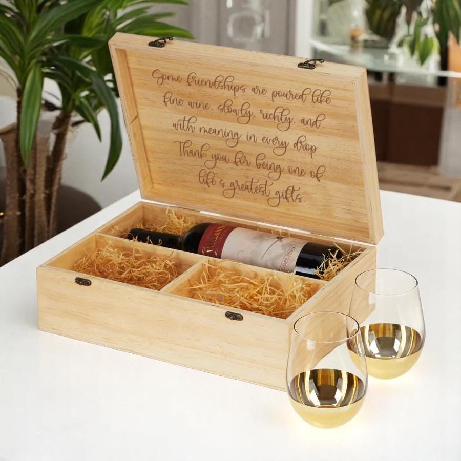 Luxury Wedding Gift Set Personalized Wine Box Collection Custom Wood Storage Natural Material Construction Gold Glass Package Beautiful Display Case Special Occasion Present Anniversary Collection Premium Quality Design Elegant Wedding Gift