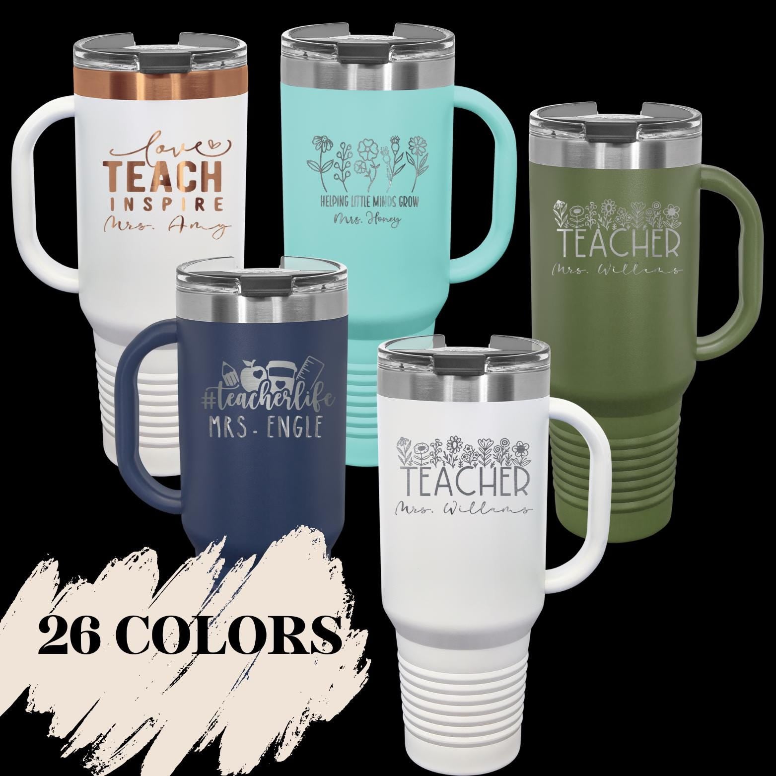 a set of four travel mugs with different colors