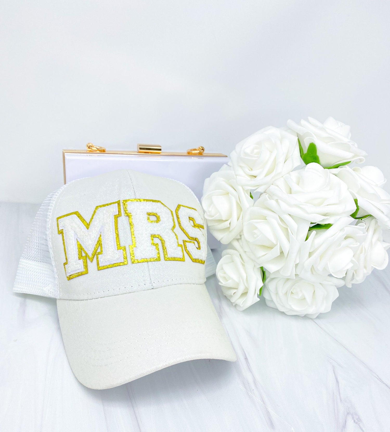 Mrs. White Glitter Patch Trucker Hat - Bachelorette Party Veil
