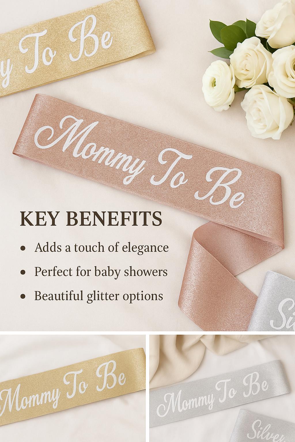 Adjustable rose gold glitter sash with custom text for baby shower, perfect gift for pregnant mom, gender reveal or baby sprinkle