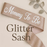 Handmade personalized baby shower sash for mom to be, rose gold glitter sash with adjustable fit using heart-shaped pin