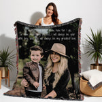 Personalized photo blanket featuring a custom printed picture on soft woven cotton fabric, designed as a cozy photo throw. This unique keepsake serves as an ideal birthday gift and sentimental present for him, her, mom, or grandma, adding a personal touch to home decor and special celebrations.