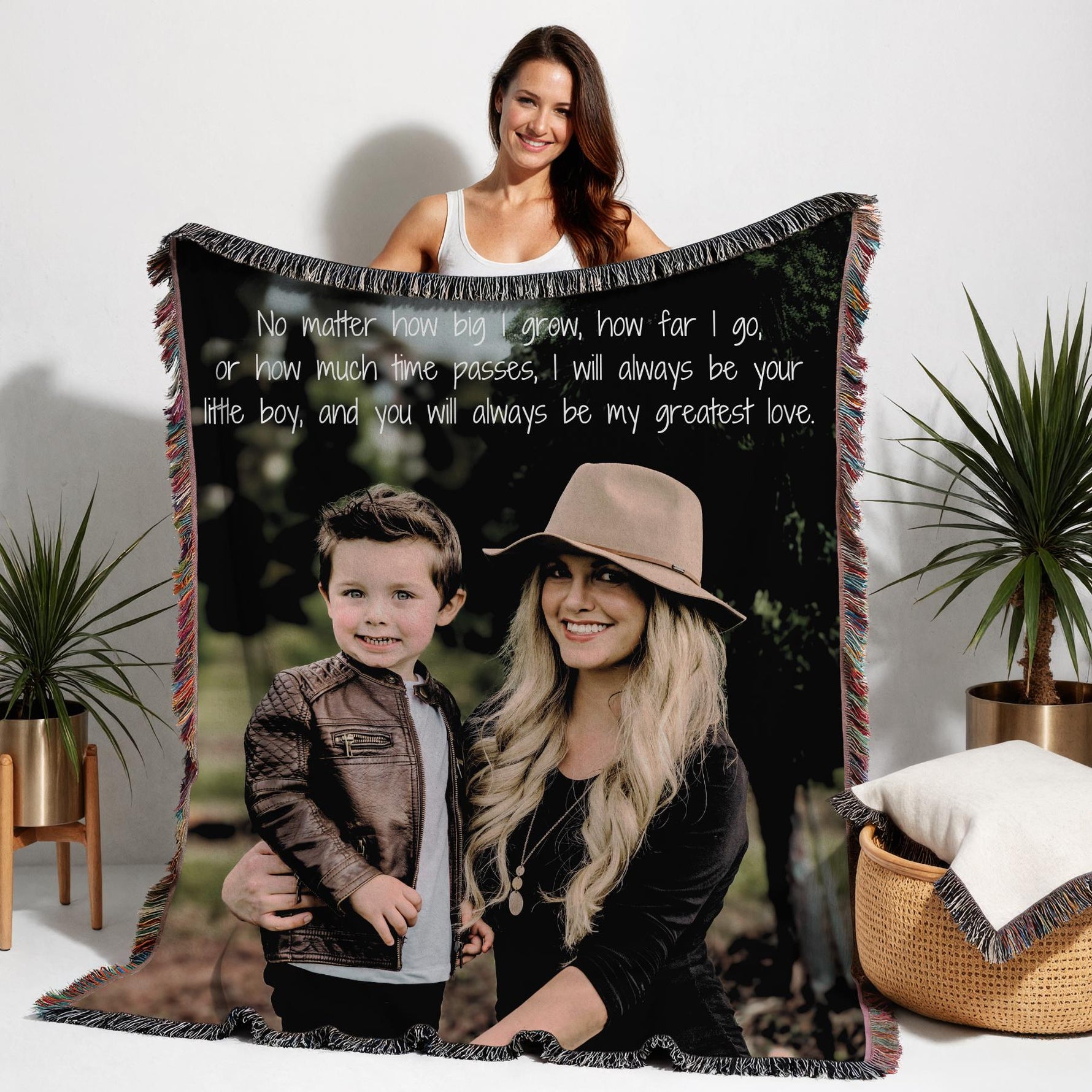 Personalized photo blanket featuring a custom printed picture on soft woven cotton fabric, designed as a cozy photo throw. This unique keepsake serves as an ideal birthday gift and sentimental present for him, her, mom, or grandma, adding a personal touch to home decor and special celebrations.