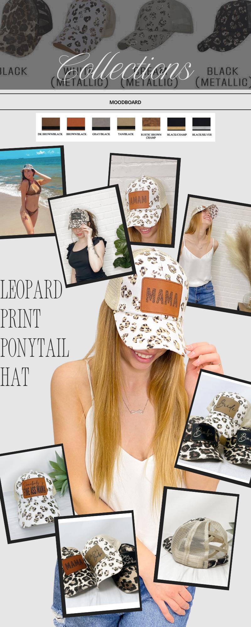 Personalized Leopard Print Ponytail Trucker Hat: Distressed Leather Patch Cap