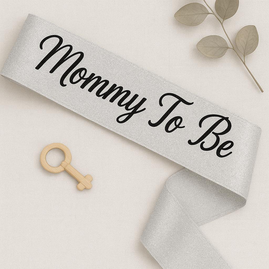 Personalized baby shower sash for mom to be, rose gold glitter with heart pin for adjustable sizing, perfect maternity celebration outfit