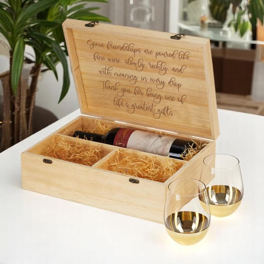 Luxury Wedding Gift Set Personalized Wine Box Collection Custom Wood Storage Natural Material Construction Gold Glass Package Beautiful Display Case Special Occasion Present Anniversary Collection Premium Quality Design Elegant Wedding Gift