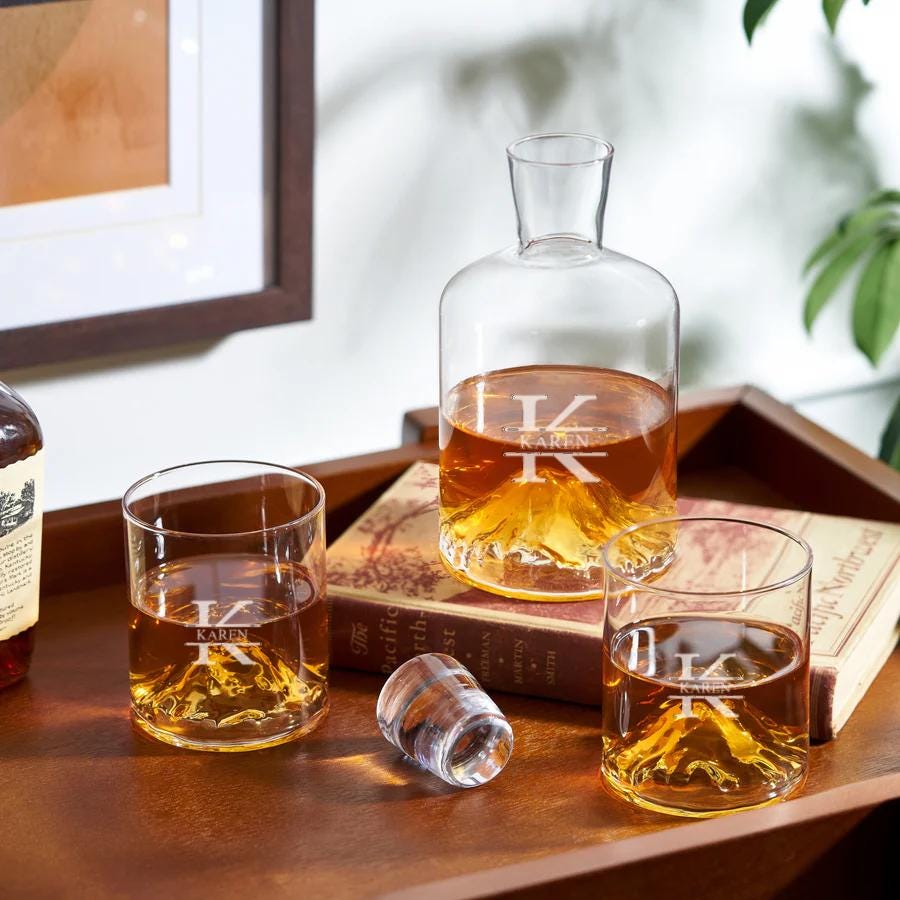 Crystal Whiskey Decanter Set Premium Glass Collection Mountain Design Custom Engraving Options Wedding Gift Luxury Bar Set Handmade Crystal Tumblers Perfect Groomsmen Present Home Bar Essential Premium Barware Collection Display Piece