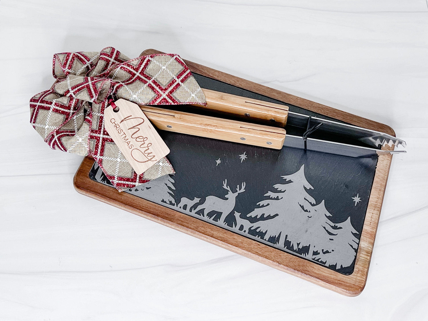 Christmas Gift Set Grilling Set Rugged Slate & Wood  Charcuterie Board - Cutting Board - Corporate Gift - Gift for him