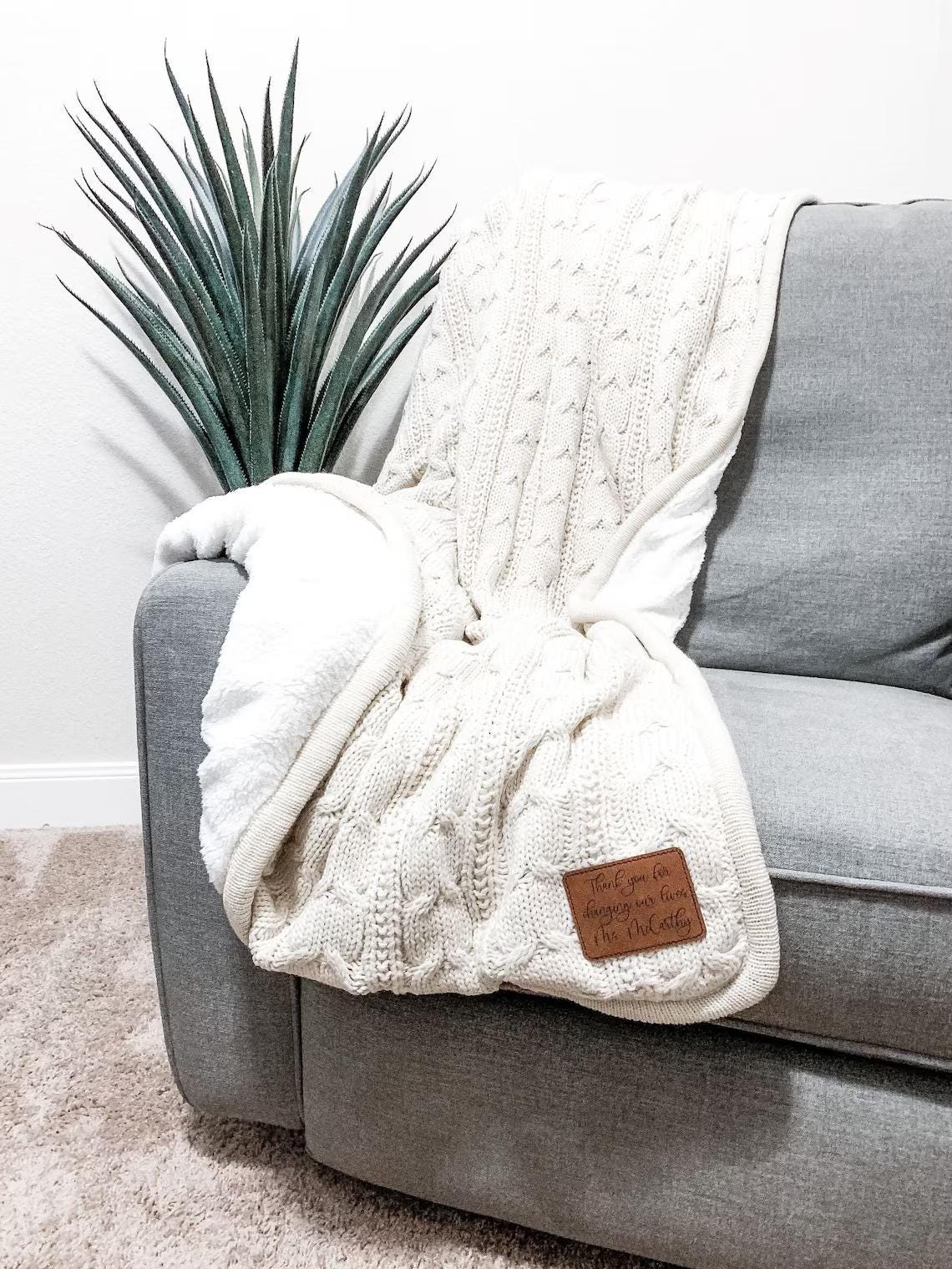 Sherpa Style Throw Blanket Cable Knit Design Premium Construction Personalized Mom Gift Custom Leather Patch Monogram Detail Cozy Comfort Essential Modern Home Accent Beautiful Birthday Present Housewarming Collection Stylish Living Room