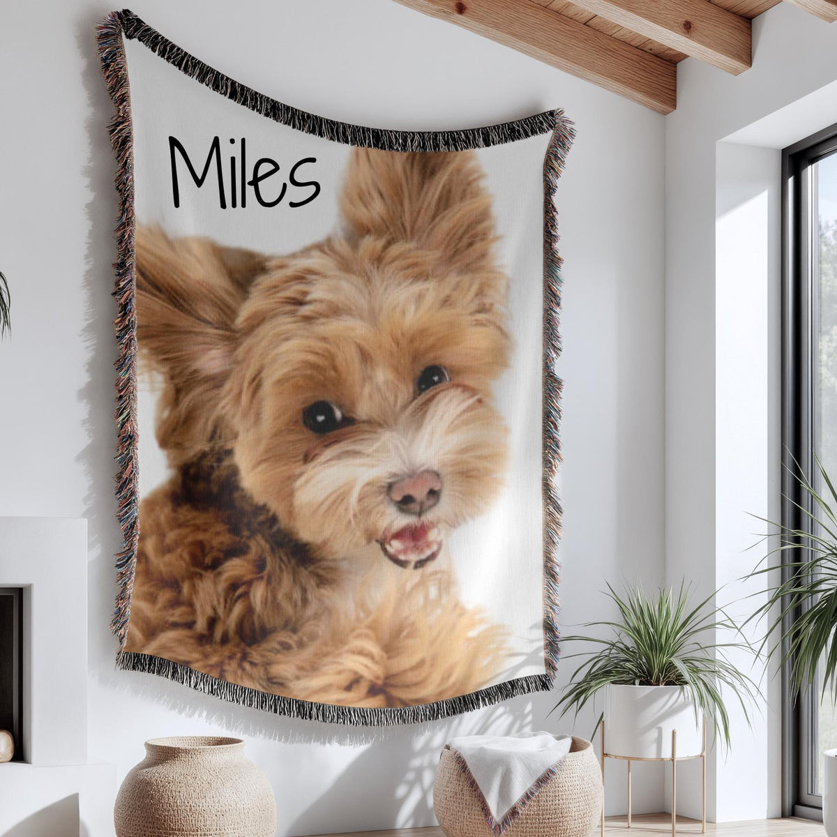 Personalized pet photo blanket featuring a custom-printed image of an adorable puppy on a soft, woven cotton throw. This cozy, high-quality blanket serves as an ideal pet memorial or unique gift for pet lovers, dog moms, and families cherishing their furry friend. Perfect for birthdays, memorials, or as a heartfelt tribute, this custom-designed pet keepsake adds warmth and sentiment to any home decor.