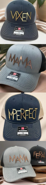 a series of photos showing different hats on a table
