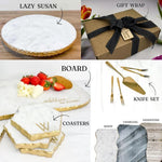The image is a collage of four different items, including a round marble cake, a gift wrap, a wooden board with strawberries, and a knife set.