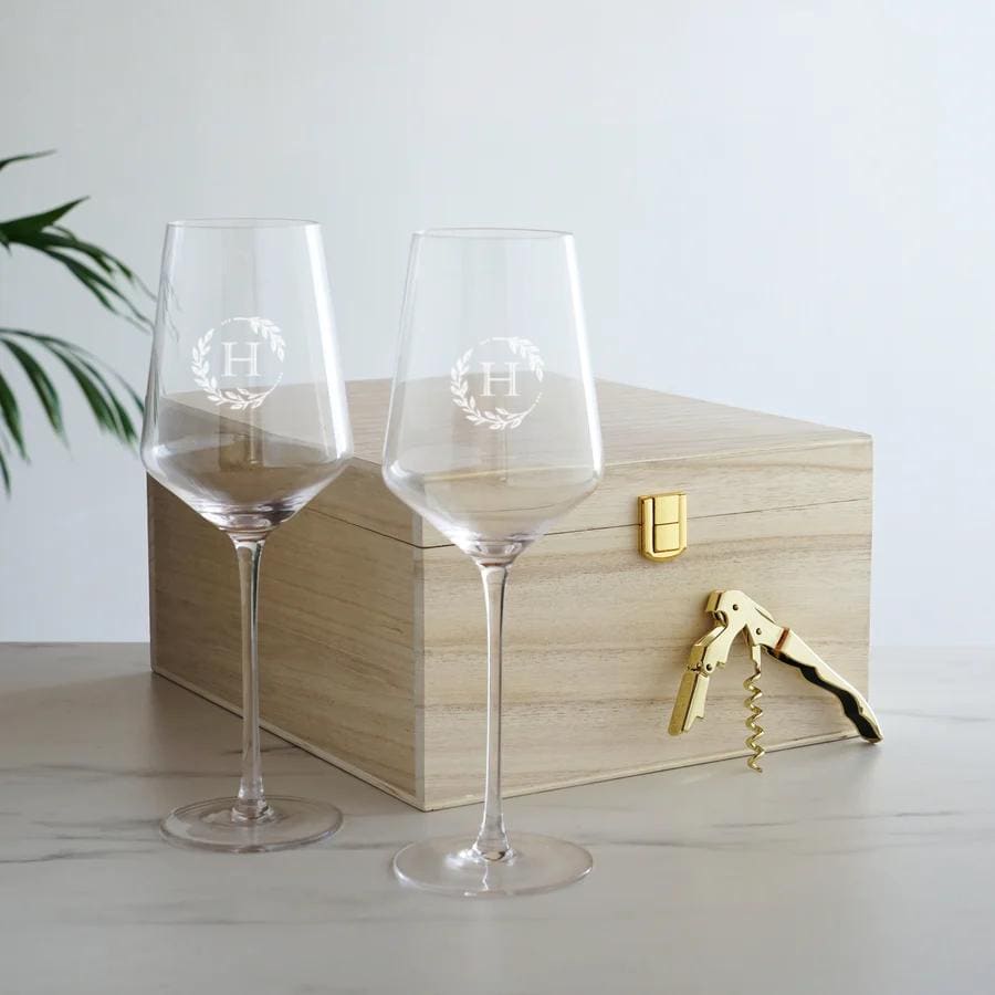 Custom Crystal Stemware Set Premium Wine Glasses Personalized Wooden Box Collection Wedding Gift Package Gold Accented Corkscrew Luxury Barware Set Anniversary Present Special Occasion Collection Custom Engraved Design Premium Quality