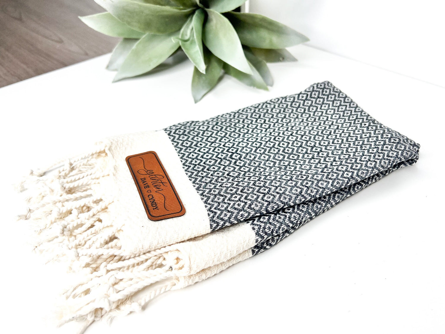 Monogrammed Turkish Hand Towel with Leather Patch