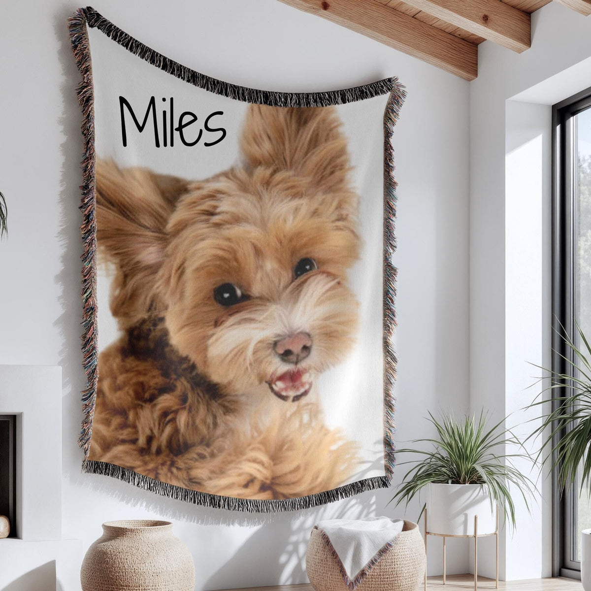 Personalized pet photo blanket featuring a custom-printed image of an adorable puppy on a soft, woven cotton throw. This cozy, high-quality blanket serves as an ideal pet memorial or unique gift for pet lovers, dog moms, and families cherishing their furry friend. Perfect for birthdays, memorials, or as a heartfelt tribute, this custom-designed pet keepsake adds warmth and sentiment to any home decor.