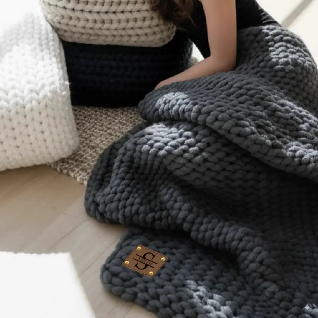 Personalized Jumbo Chunky Knit Blanket – Heavyweight Custom Knit Throw with Leather Patch | Luxury Cozy Home Décor Gift LLD Gifts - Corporate