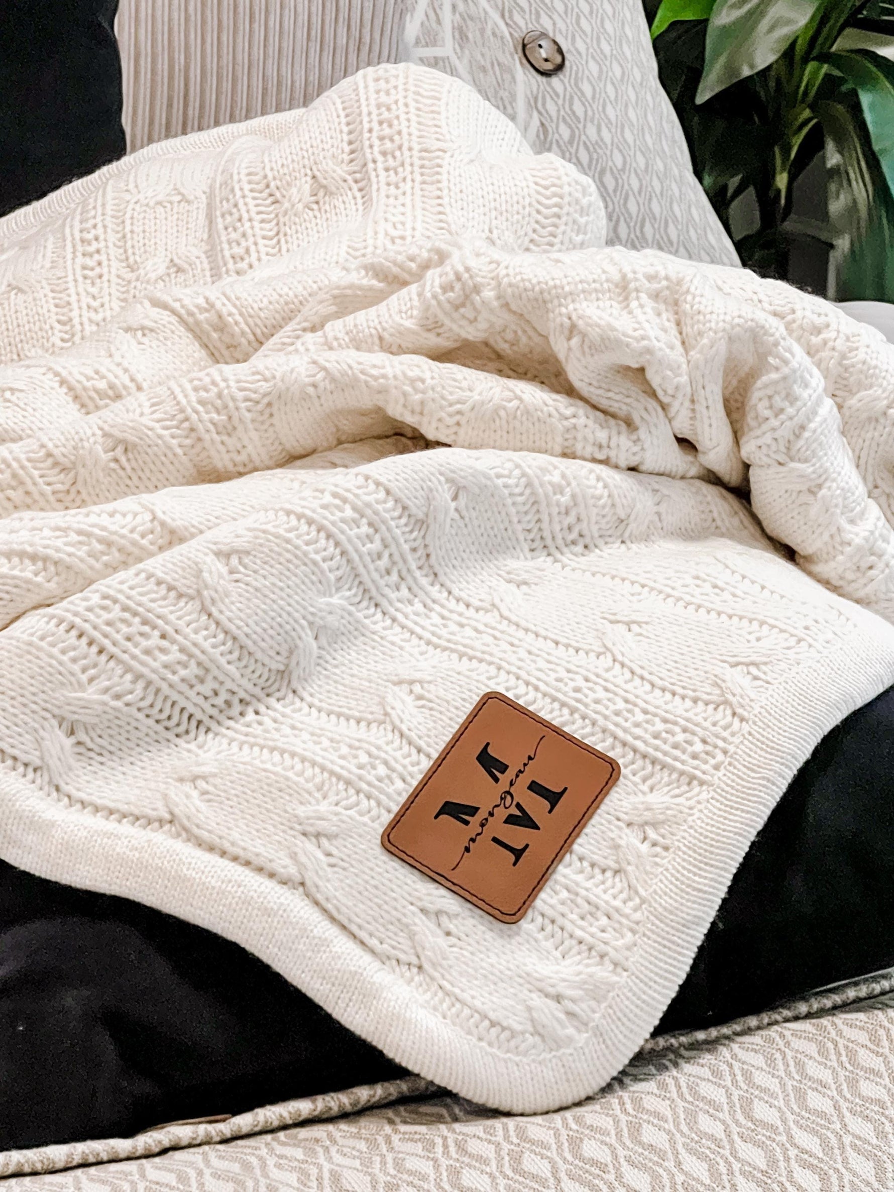 Personalized Throw Blanket Custom Mom Gift Cable Knit Sherpa Style Cozy Comfort Wrap Premium Quality Construction Monogram Design Leather Patch Accent Birthday Present Housewarming Gift Modern Home Decor Beautiful Custom Creation Stylish