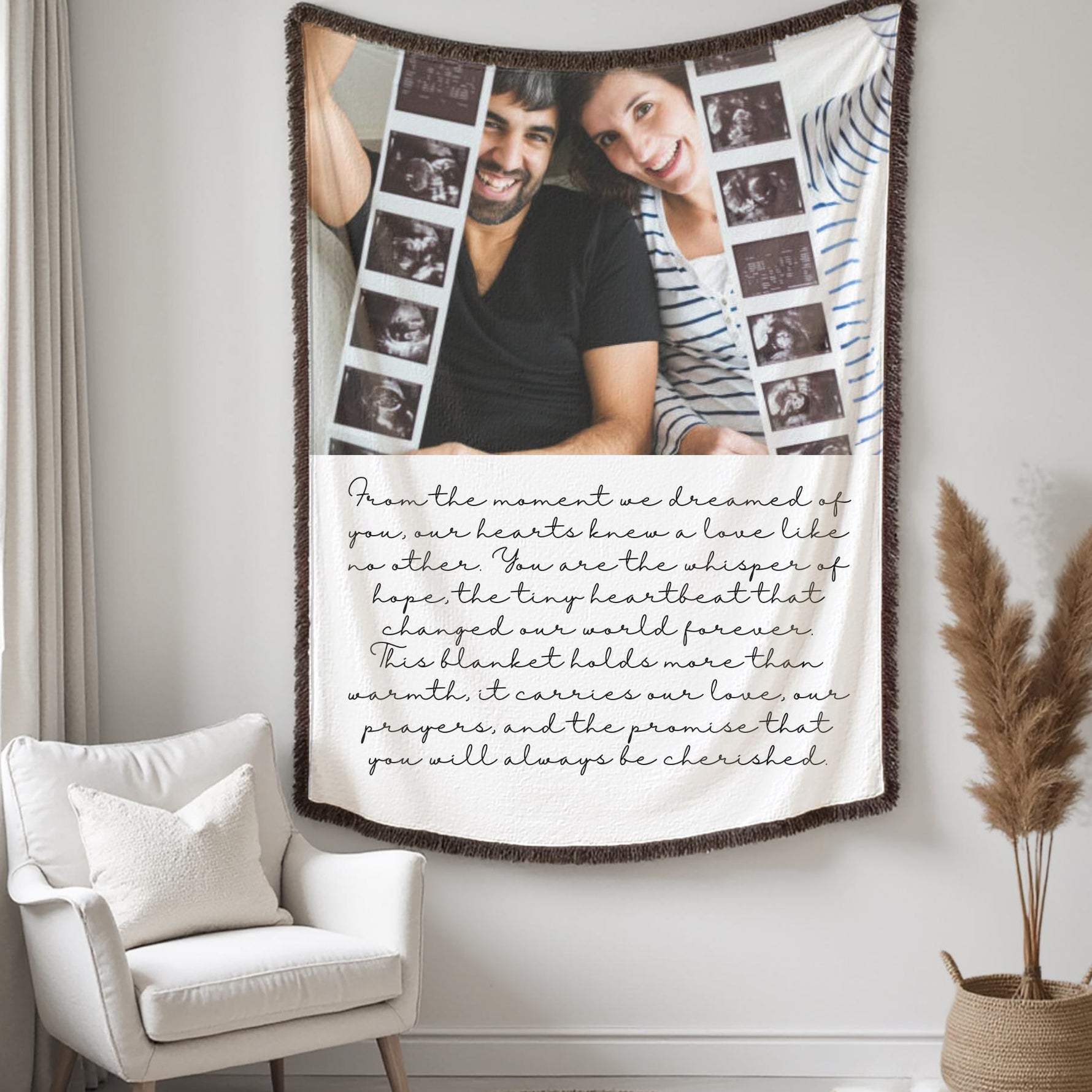Personalized pregnancy announcement photo blanket featuring a custom-printed image to celebrate your special moment. Soft woven cotton fabric makes this blanket a perfect keepsake for expecting parents, an emotional angel baby memorial, or a unique gift for moms-to-be. Ideal for baby showers, gender reveal parties, or as a heartfelt tribute, this custom photo throw adds warmth and sentiment to any home decor, making it a cherished memory and a thoughtful gift.
