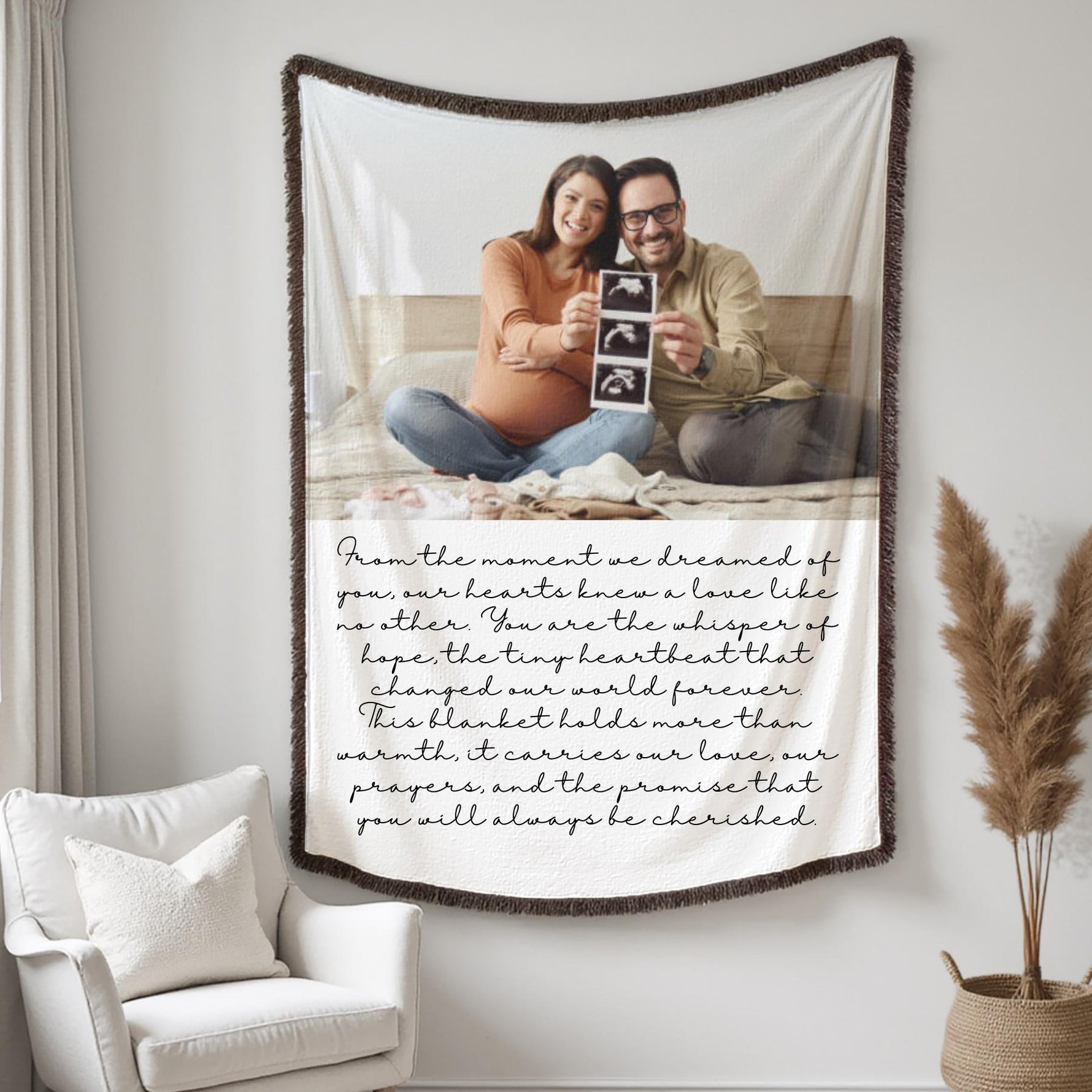 Personalized photo blanket showcasing your custom pregnancy announcement or angel baby image on soft woven cotton. This premium, cozy photo throw is an ideal baby shower gift, sentimental memento for expecting parents or angel baby memorial, and a unique keepsake for celebrating new beginnings and cherished memories. Perfect for nurseries and heartfelt family presents.