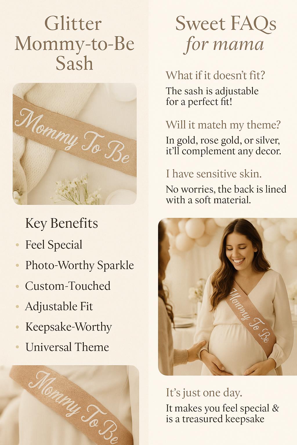 Glittery mommy to be sash personalized for baby shower, rose gold sash for pregnancy reveal or mom to be outfit photo prop