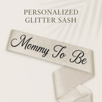 Custom maternity sash for baby shower, rose gold glitter sash for expecting mom with heart pin, gender reveal party outfit accessory