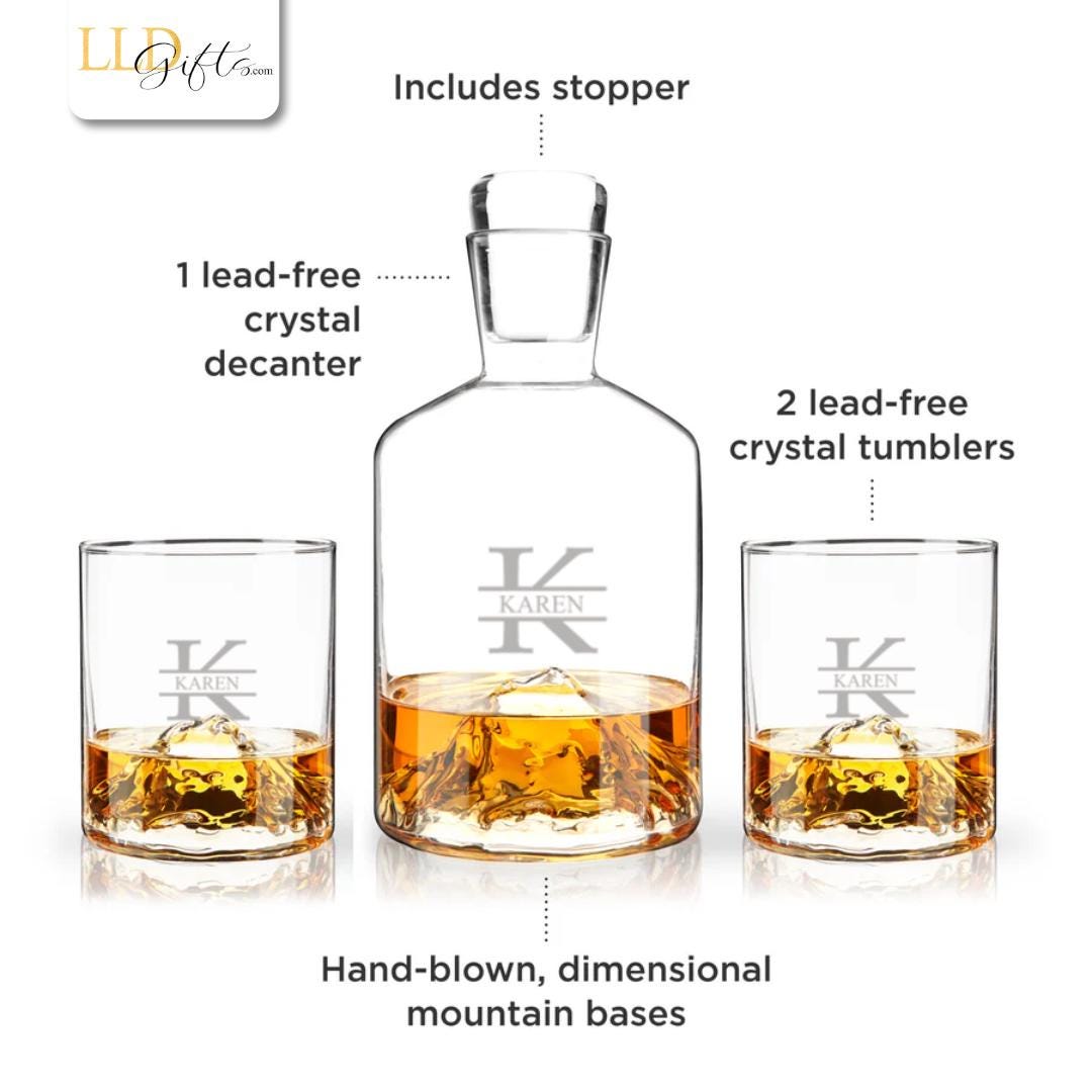 Handmade Crystal Set Premium Whiskey Decanter Mountain Design Collection Custom Engraving Details Perfect Wedding Gift Bar Accessories Essential Luxury Display Piece Crystal Tumblers Unique Barware Collection Premium Quality Handcrafted