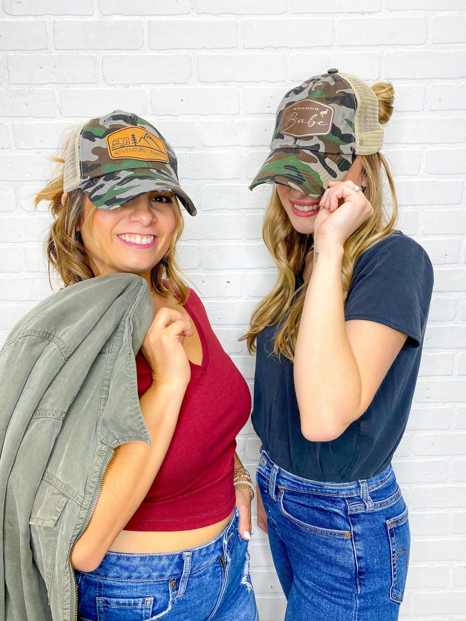 Mom Gift Gray Camo Hat Gift for Women Trucker Cap Custom Leather Patch Gift for Mom Adjustable Messy Bun Hat