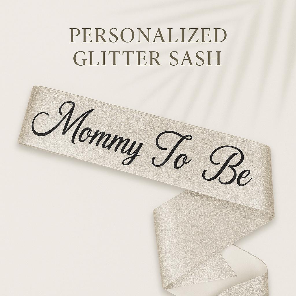 Custom maternity sash for baby shower, rose gold glitter sash for expecting mom with heart pin, gender reveal party outfit accessory