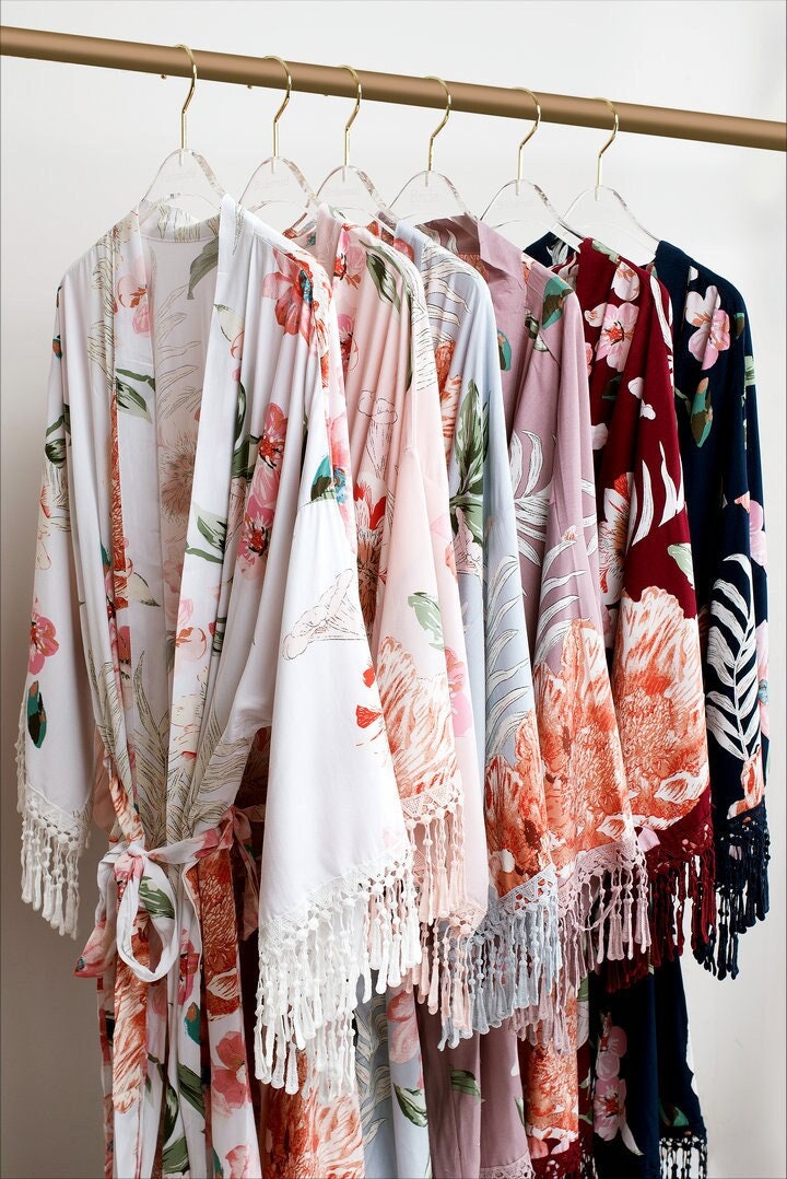 Floral Robe, Boho Bridesmaid Kimono Robe, Tropical Fringe Robe for Women, Getting Ready Robe, Bridesmaid Gift