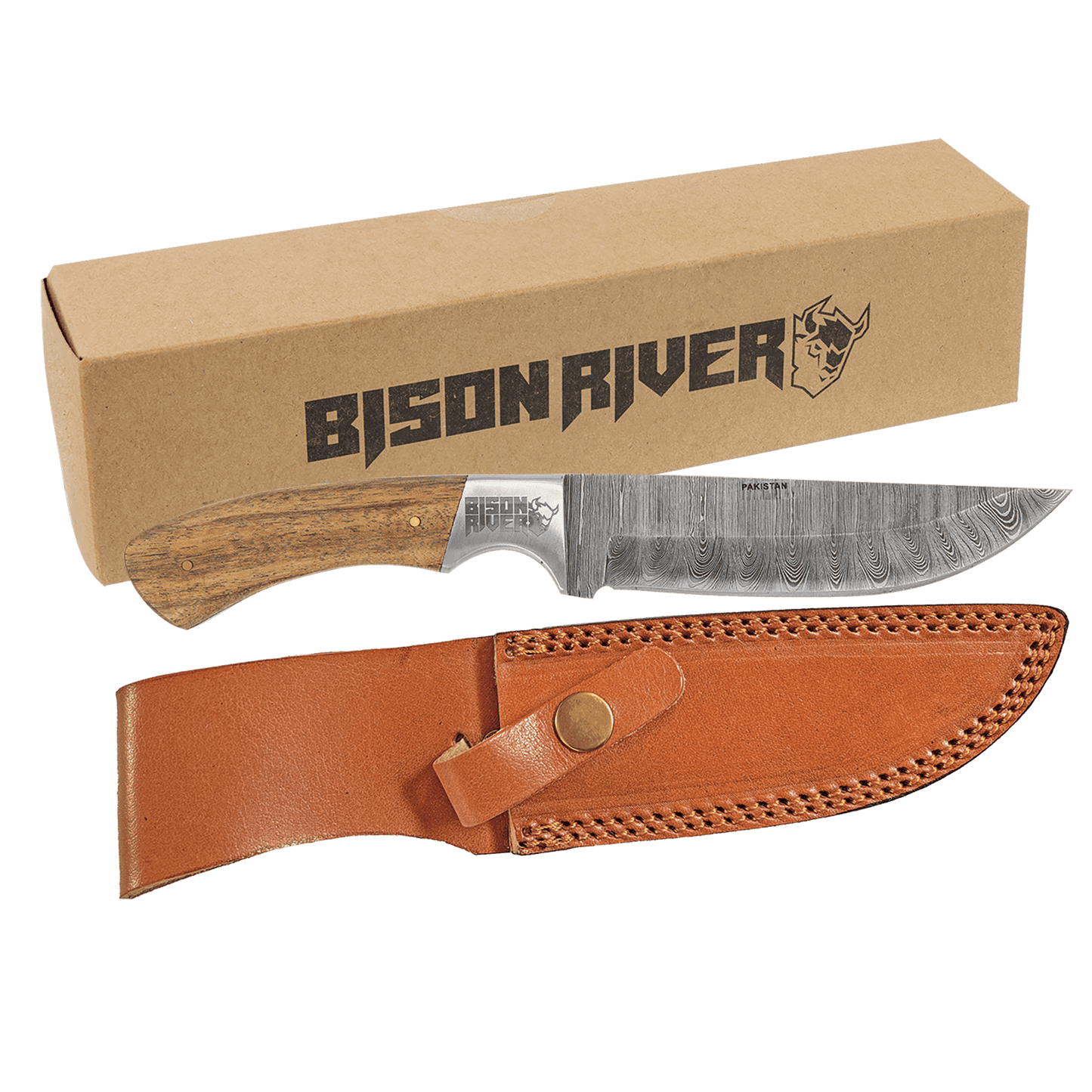 Bison River 9 1/2" Fixed Blade Wood Knife with Damascus Steel Blade and Leather Sheath