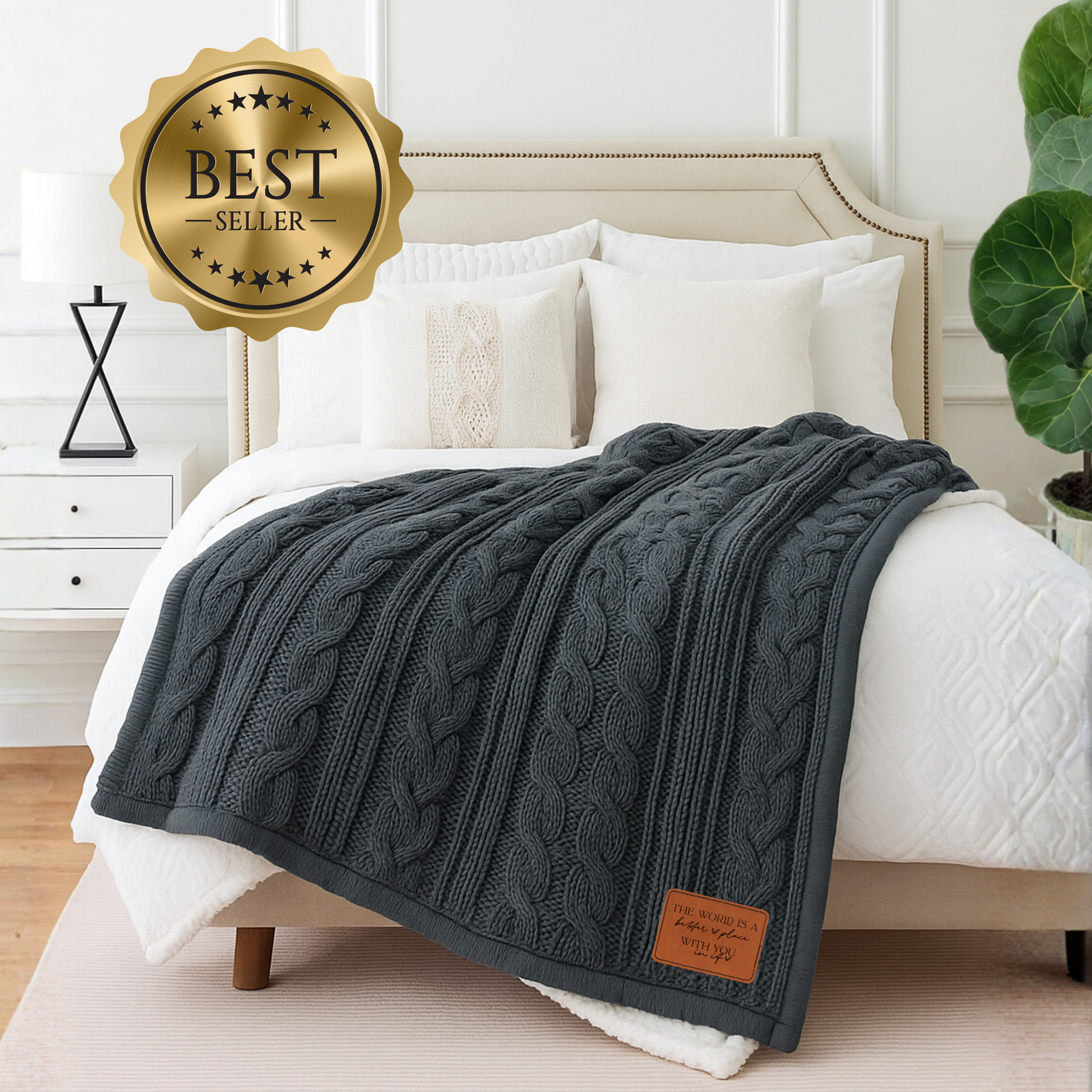 Personalized Cable Knit Blanket with Engraved Leather Patch