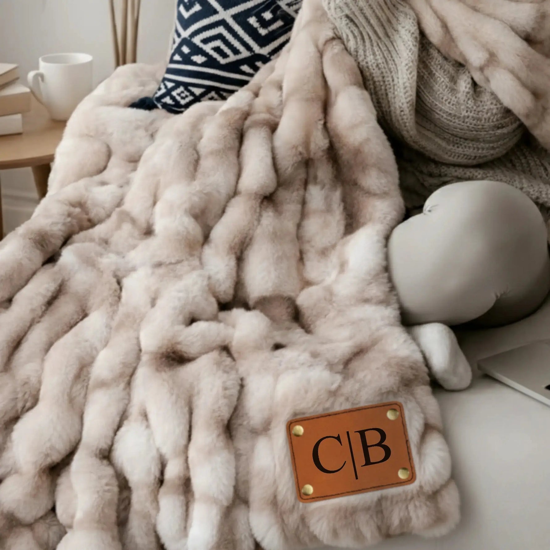 Personalized Fur Blanket with Engraved Patch, Cotton or Leather Anniversary Keepsake Gift for Couples - LLD Gifts