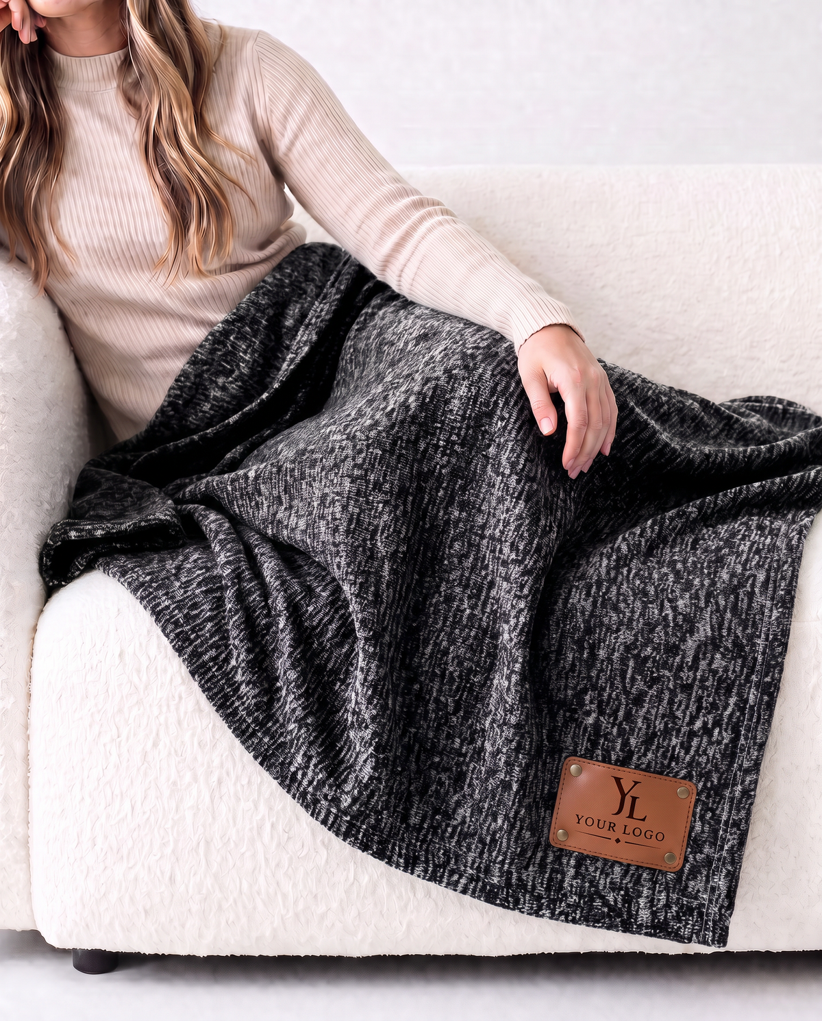 Corporate Client Gift – Custom Branded Sweater Fleece Blanket with Engraved Leather Patch – Bulk Corporate Gifts for Clients or Company Thank You Gift