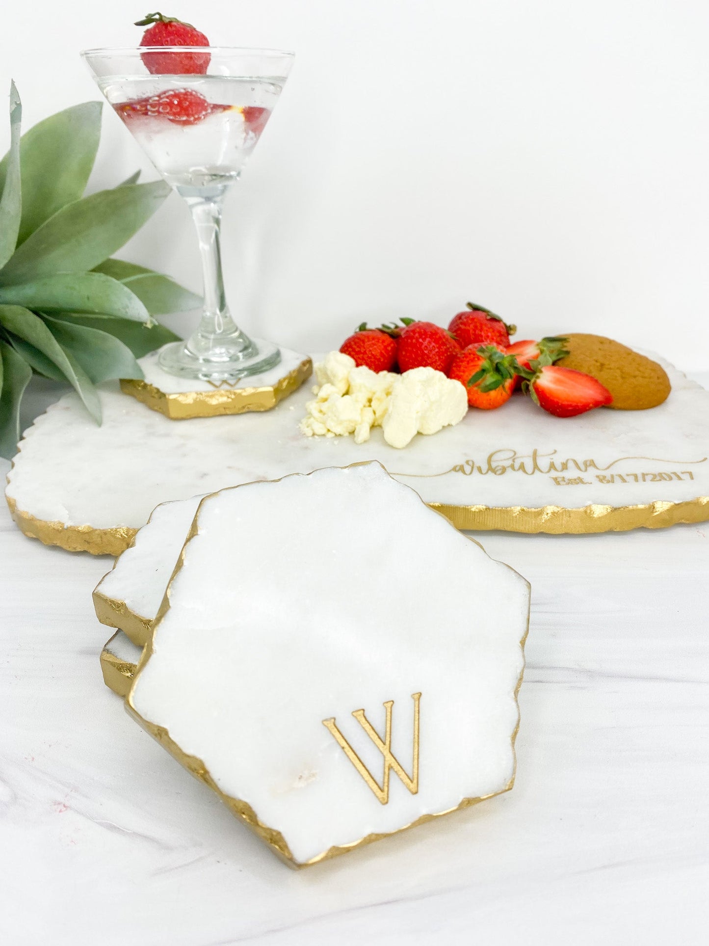 Personalized Cheese Board Set - Marble with Gold Edge