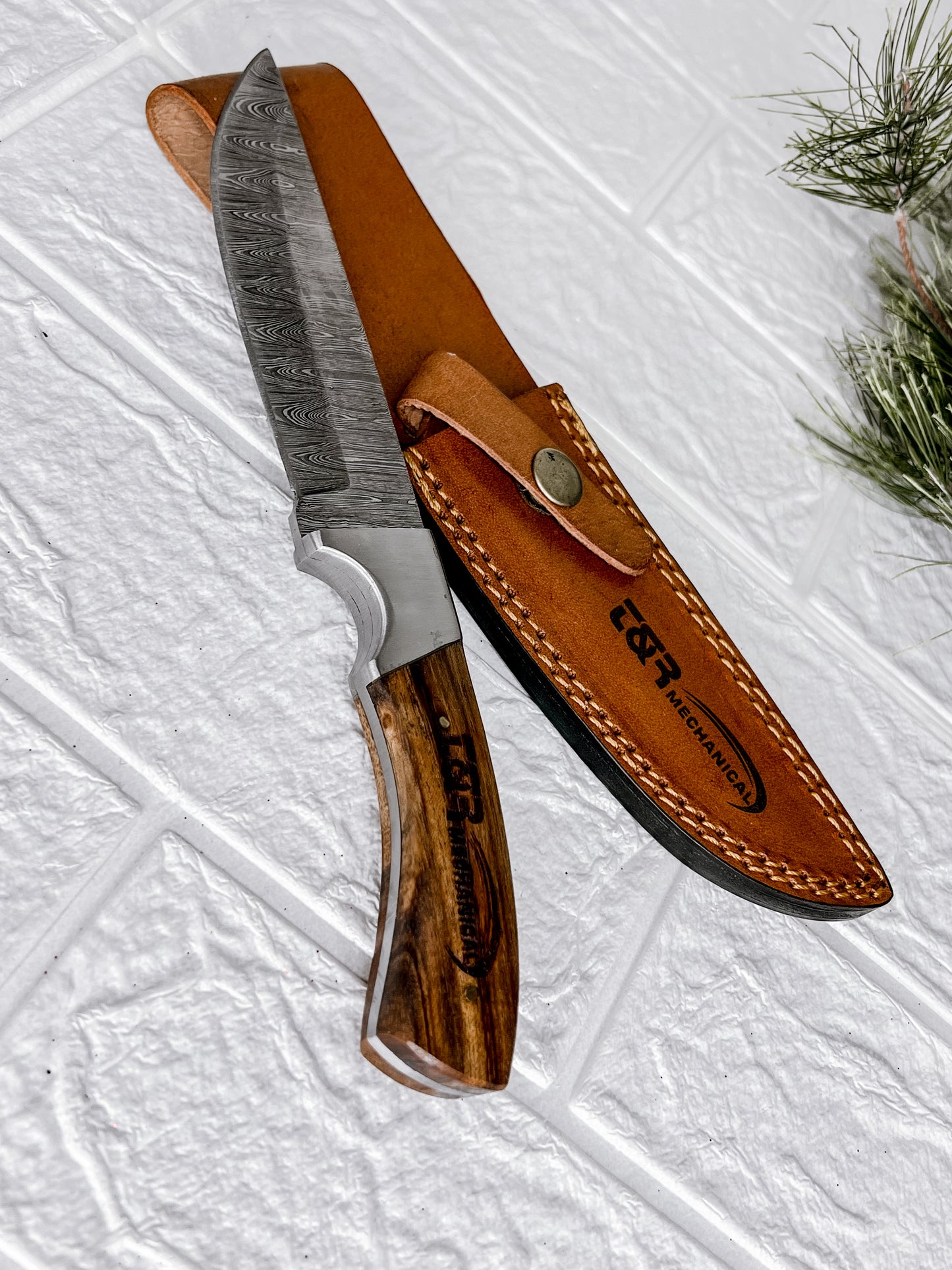 Bison River 9 1/2" Fixed Blade Wood Knife with Damascus Steel Blade and Leather Sheath