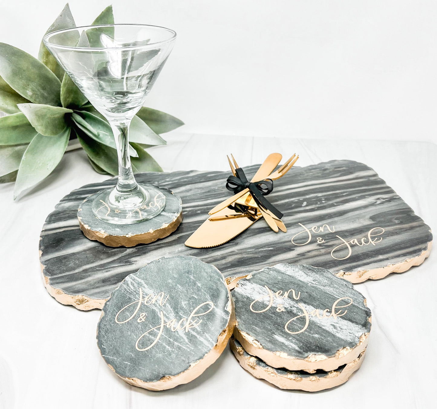 Personalized Cheese Board Set - Marble with Gold Edge